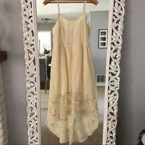 Cream colored, lace detail, high-low midi dress